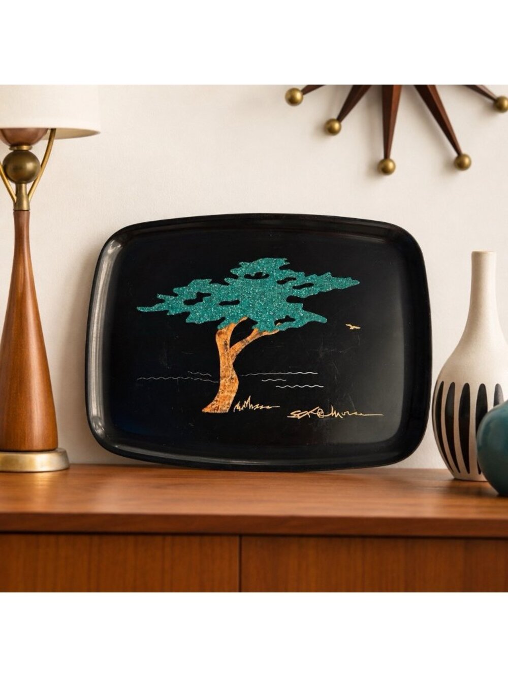 Vintage Couroc Monterey Cypress Tree California Inlaid Wood Black Tray MCM